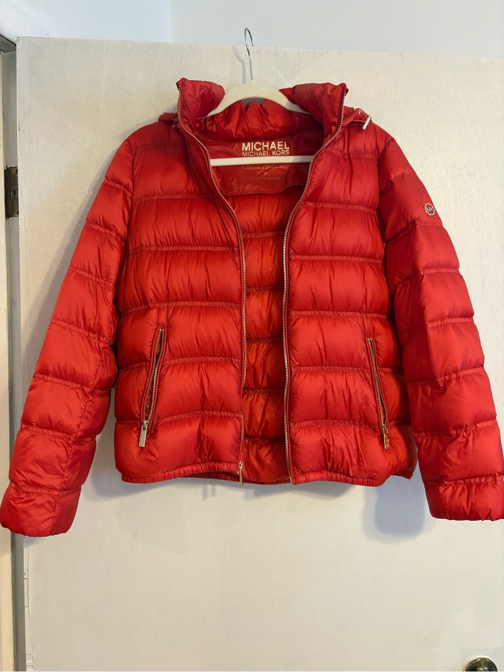 Michael Kors Red Quilted Hooded Puffer Jacket